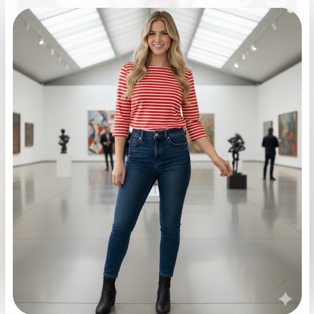 Classic Red Striped Women's Boat Neck 3/4 Sleeve Tee